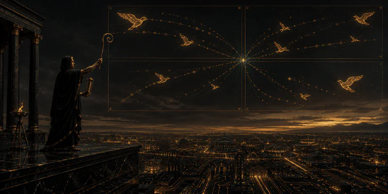 augure : l'augure lit le vol des oiseaux, les faits convergent, le verdict est une étoile