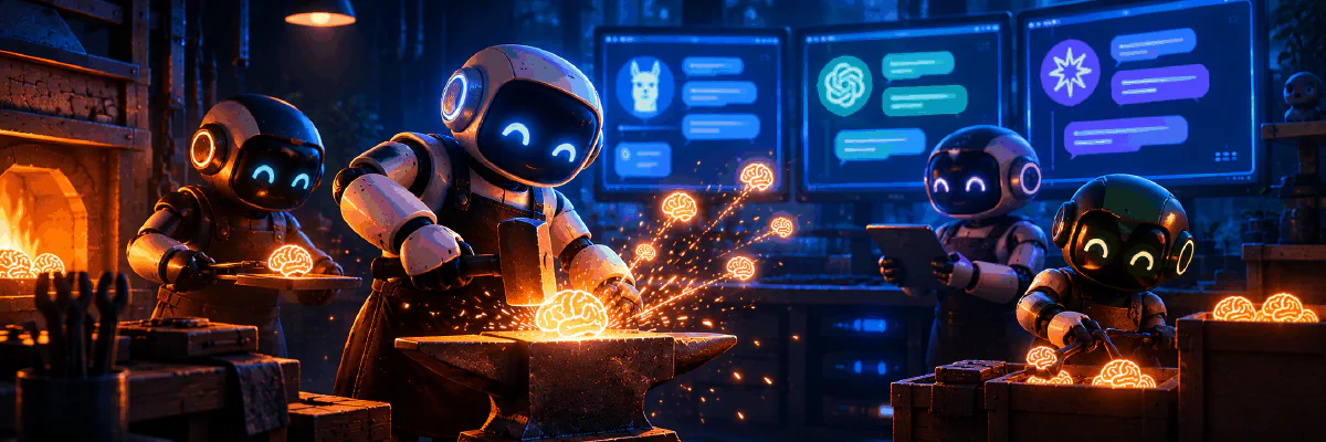 BrainForge : des robots forgerons forgent des cerveaux lumineux sur une enclume